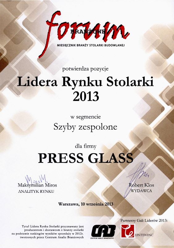 PRESS GLASS Lider Rynku Stolarki 2013 Szyby Zespolone